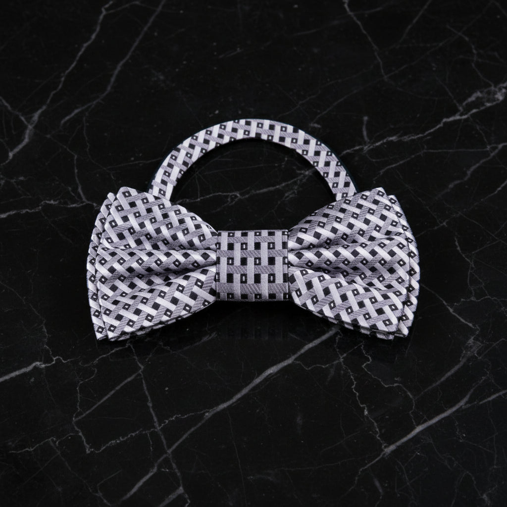 Silver Check Bow Tie Pre Tied