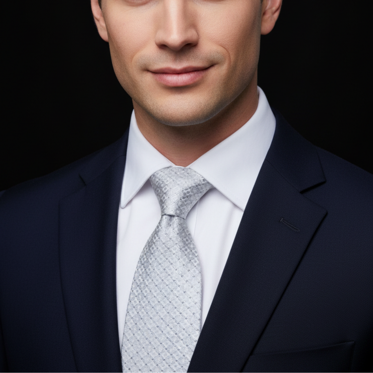 Silver Geometric Necktie on man with suit