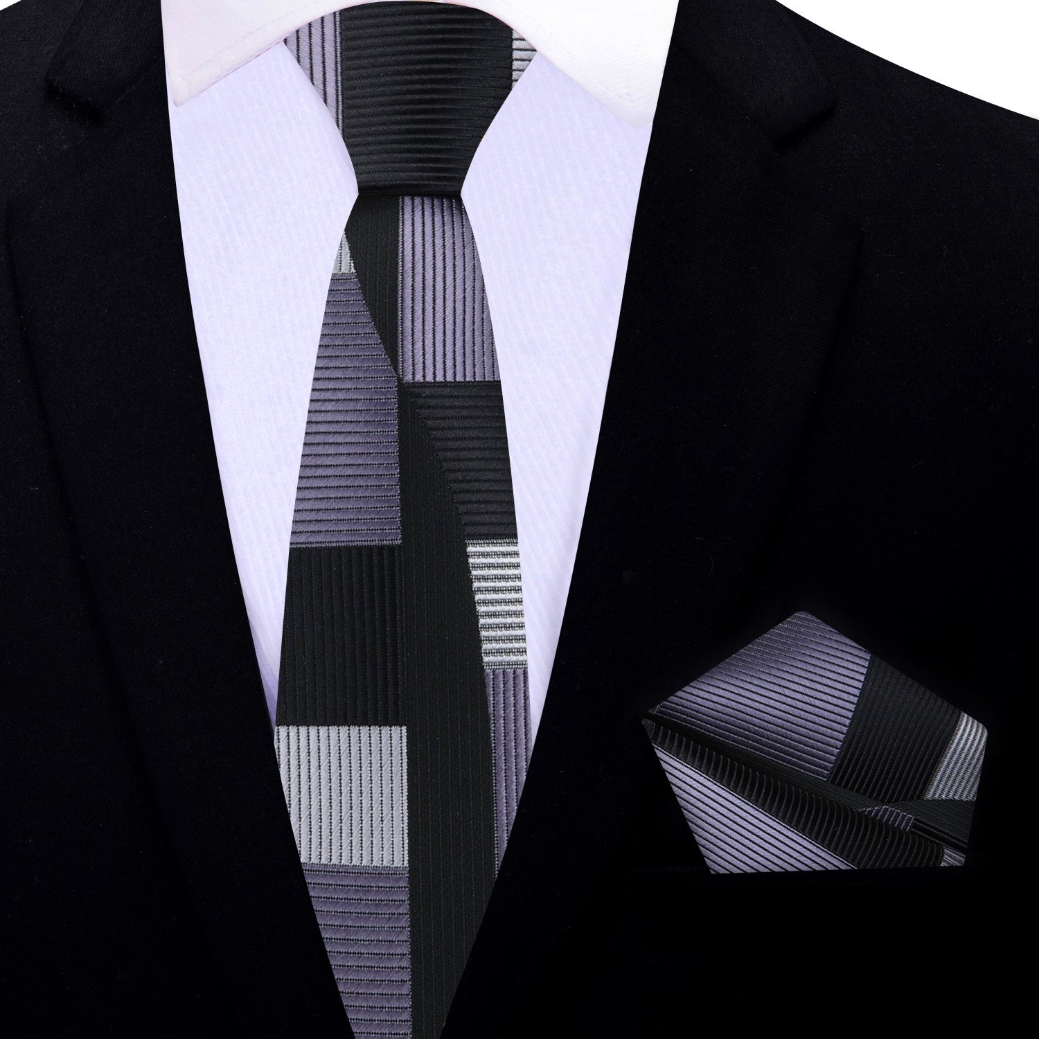 Grey and Black Abstract Thin Tie and Square