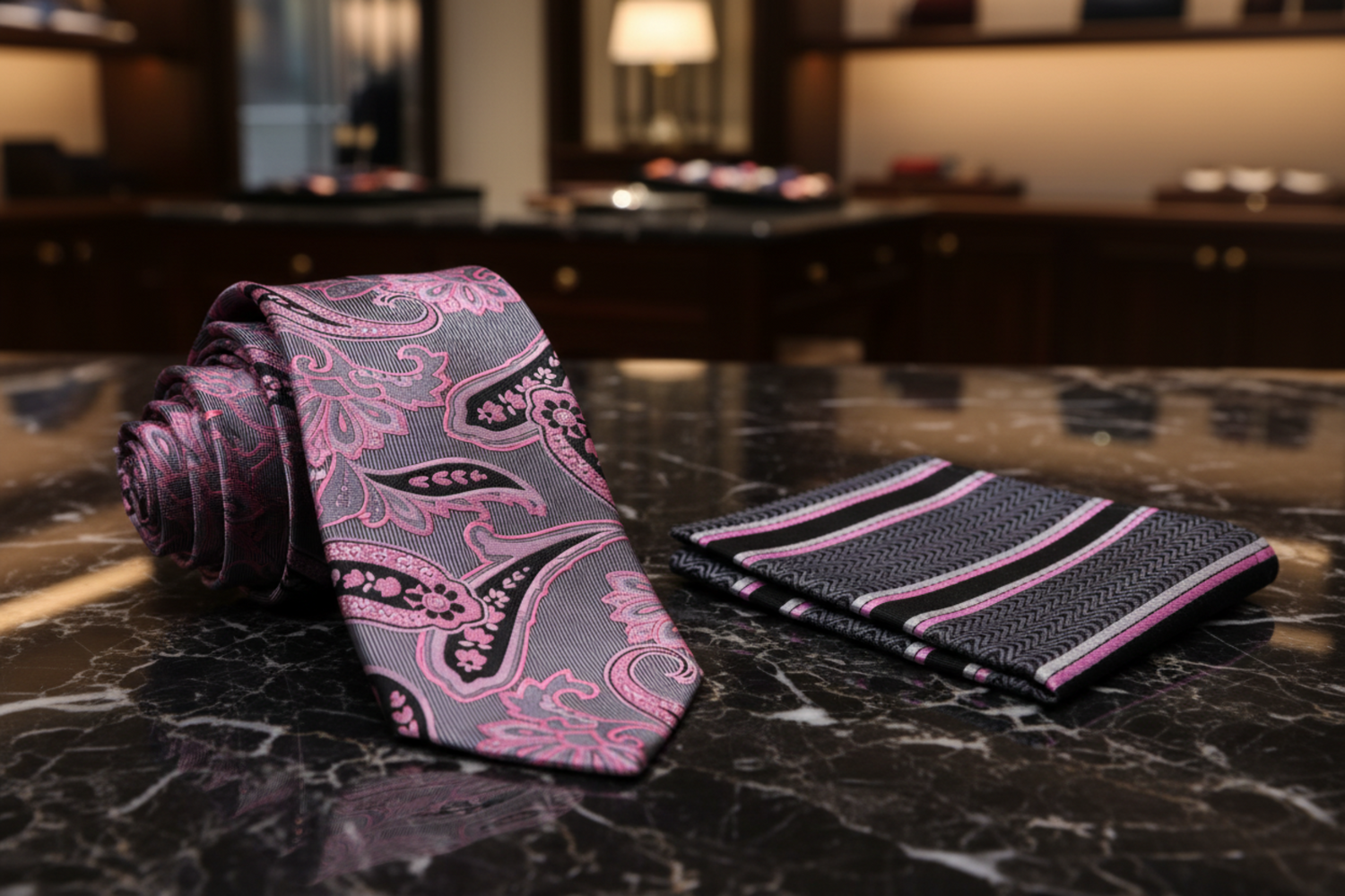 Pink, Silver and Black Paisley Tie and Accenting Square