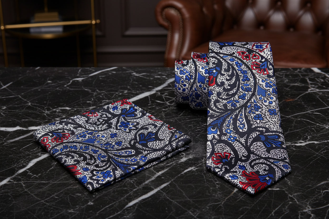 View 2: Silver Red Blue Paisley Tie