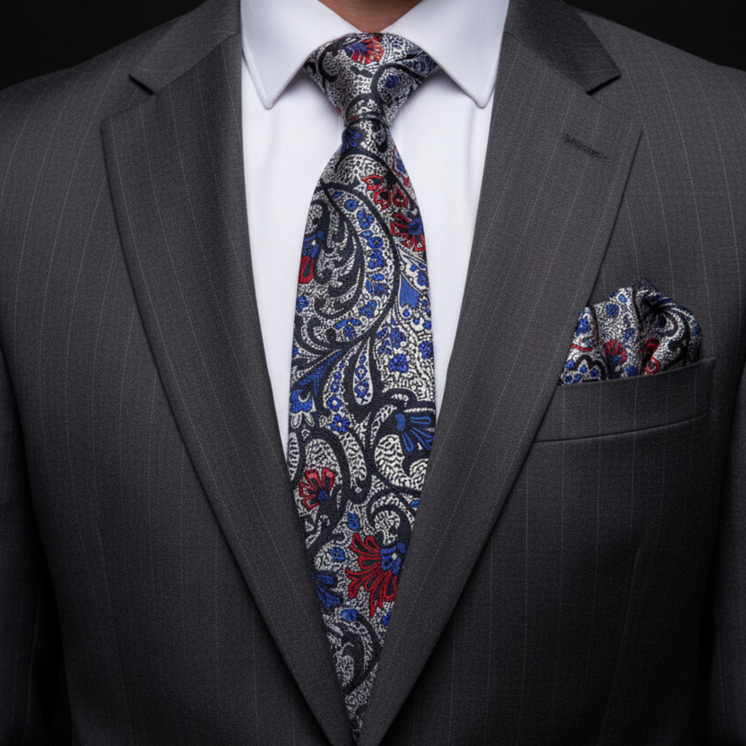 Man wearing a gray suit with a patterned tie and pocket square on a black background
