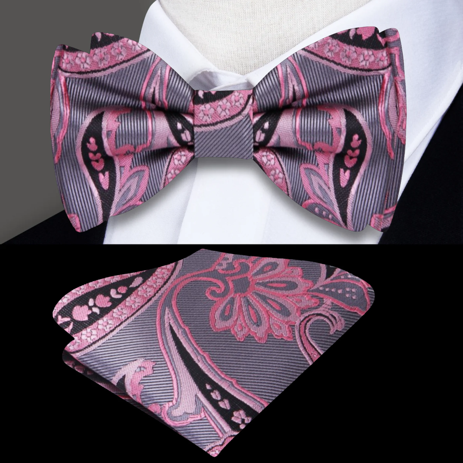 Silver, Pink and Black Paisley Bow Tie and Square