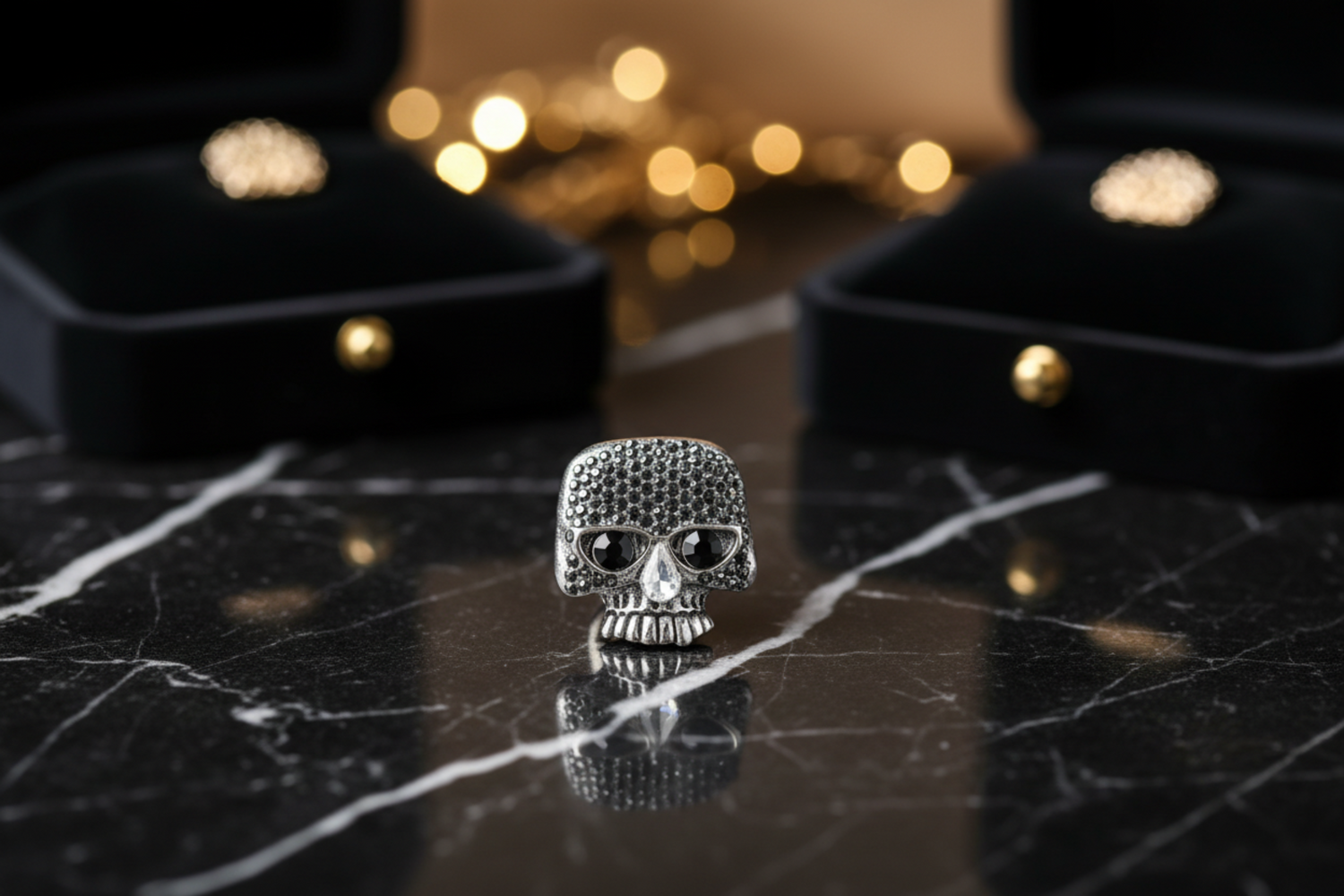 a small chrome lapel pin with a skull shape