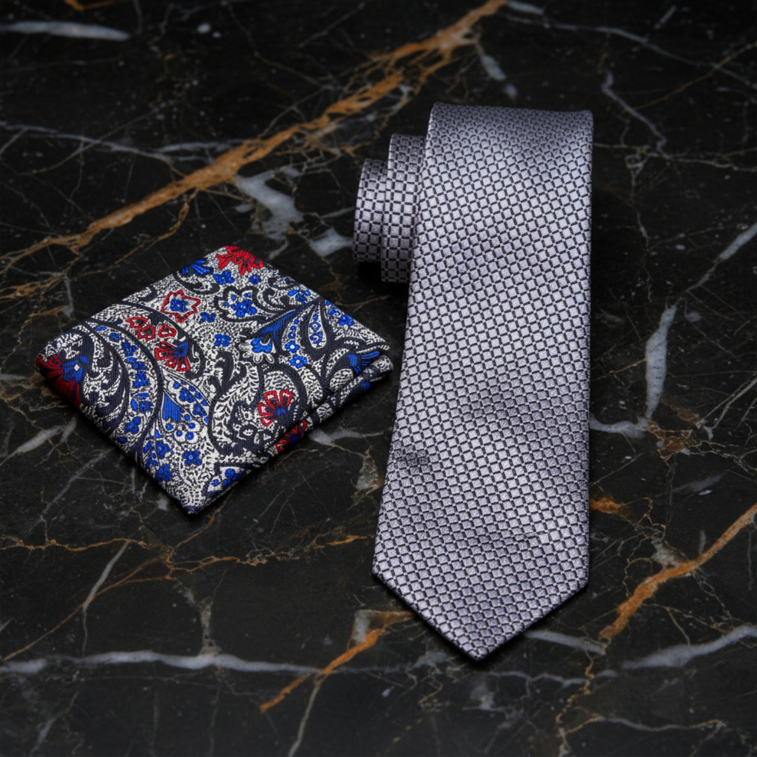 Alt View: Metallic Silver Geometric Tie and Accenting Silver, Black, Blue, Red Paisley Square