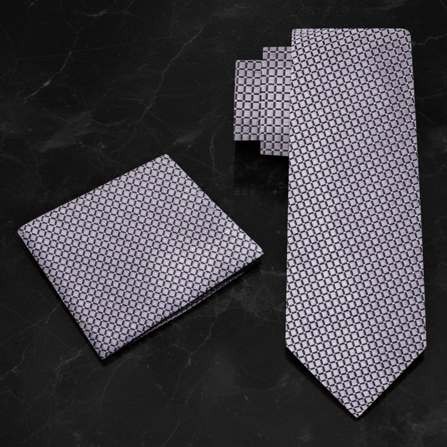 Alt View: Metallic Silver Geometric Tie and Matching Square
