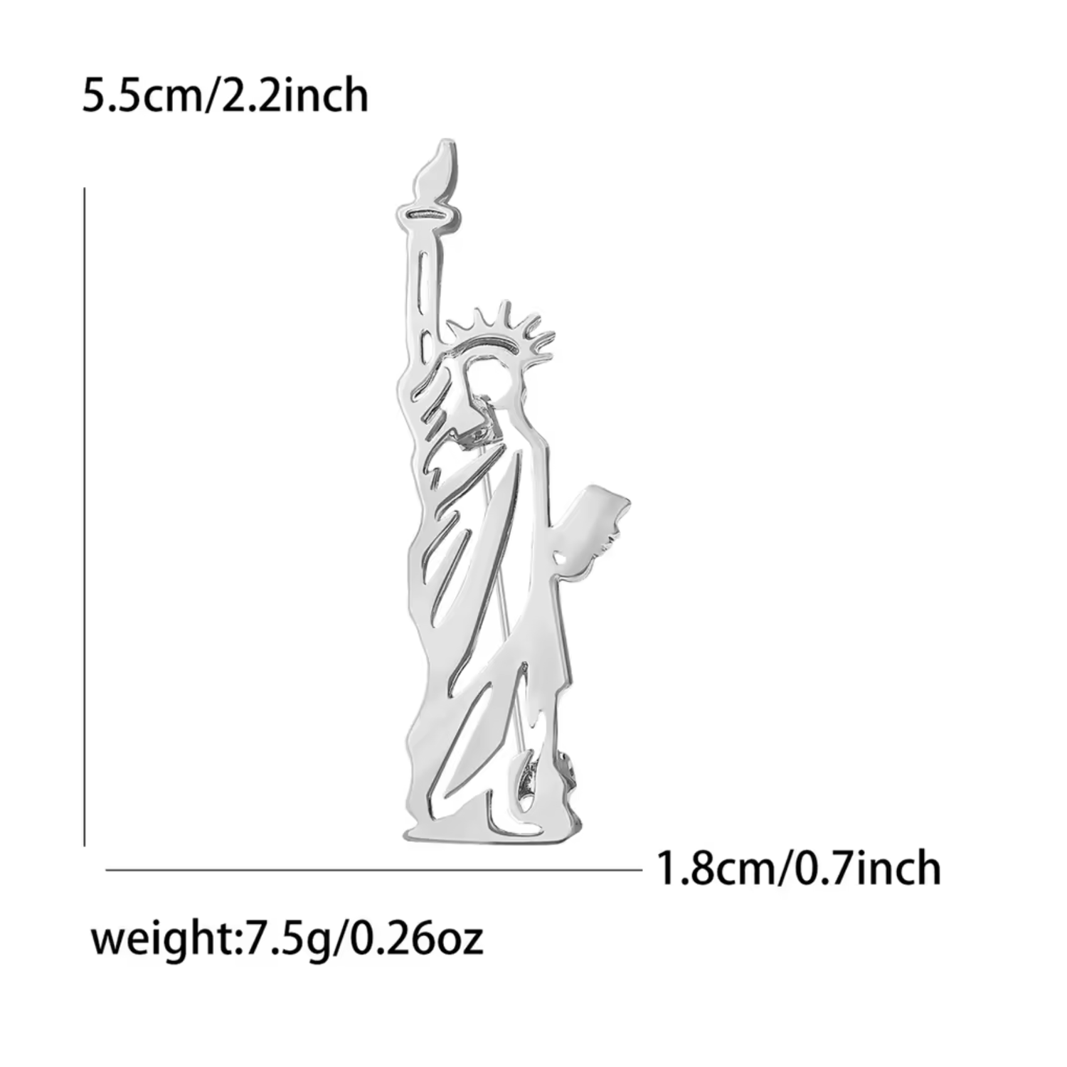 Silver-colored Statue of Liberty pendant or charm shown on a white background with dimension lines and text indicating height of 5.5cm (2.