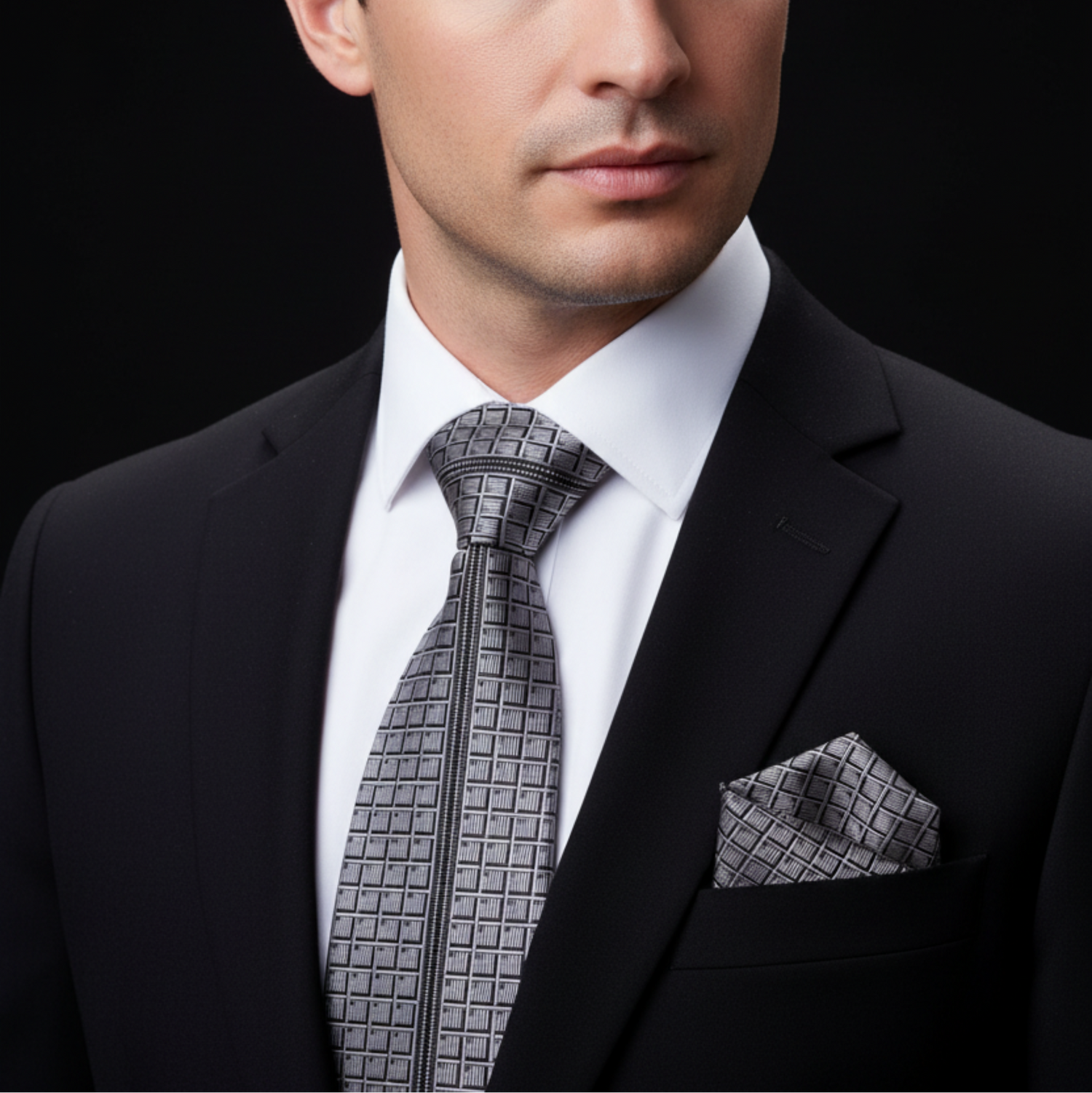 Man wearing a black suit with a patterned tie and pocket square on a black background