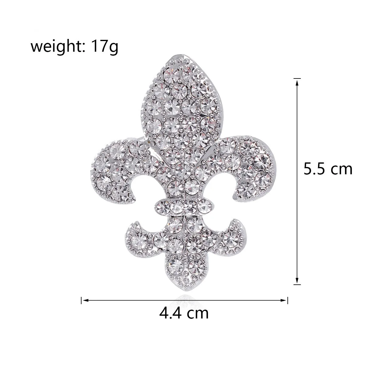 Silver fleur-de-lis brooch with crystal embellishments, weight 17g, dimensions 4.4 cm x 5.5 cm.