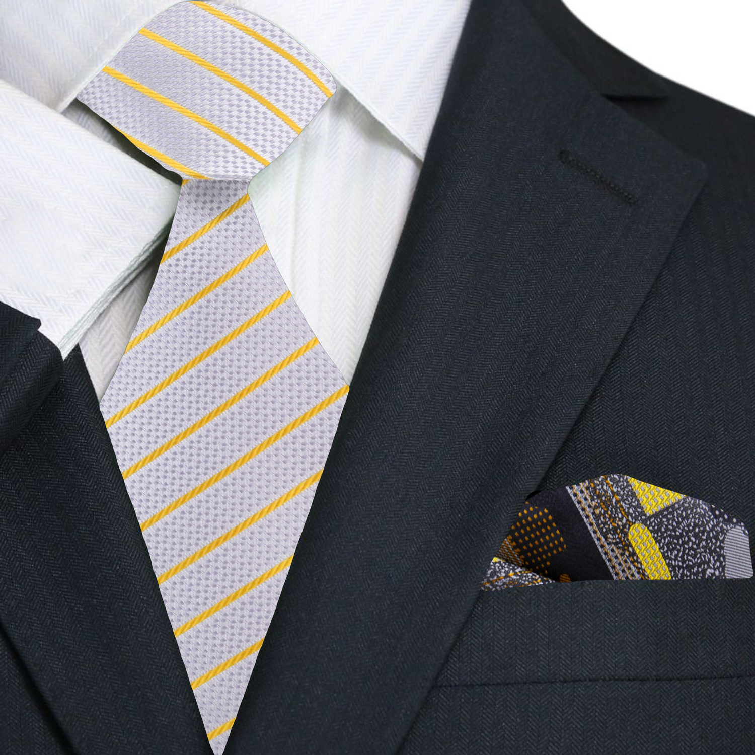 Silver and Gold Pinstripe Necktie and Abstract Square