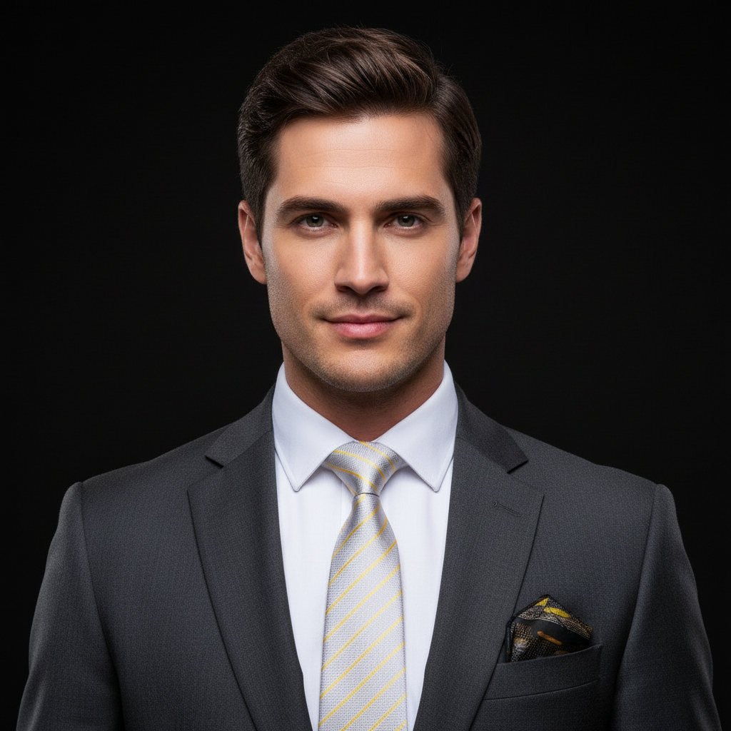 Man wearing a gray suit with a striped tie on a black background