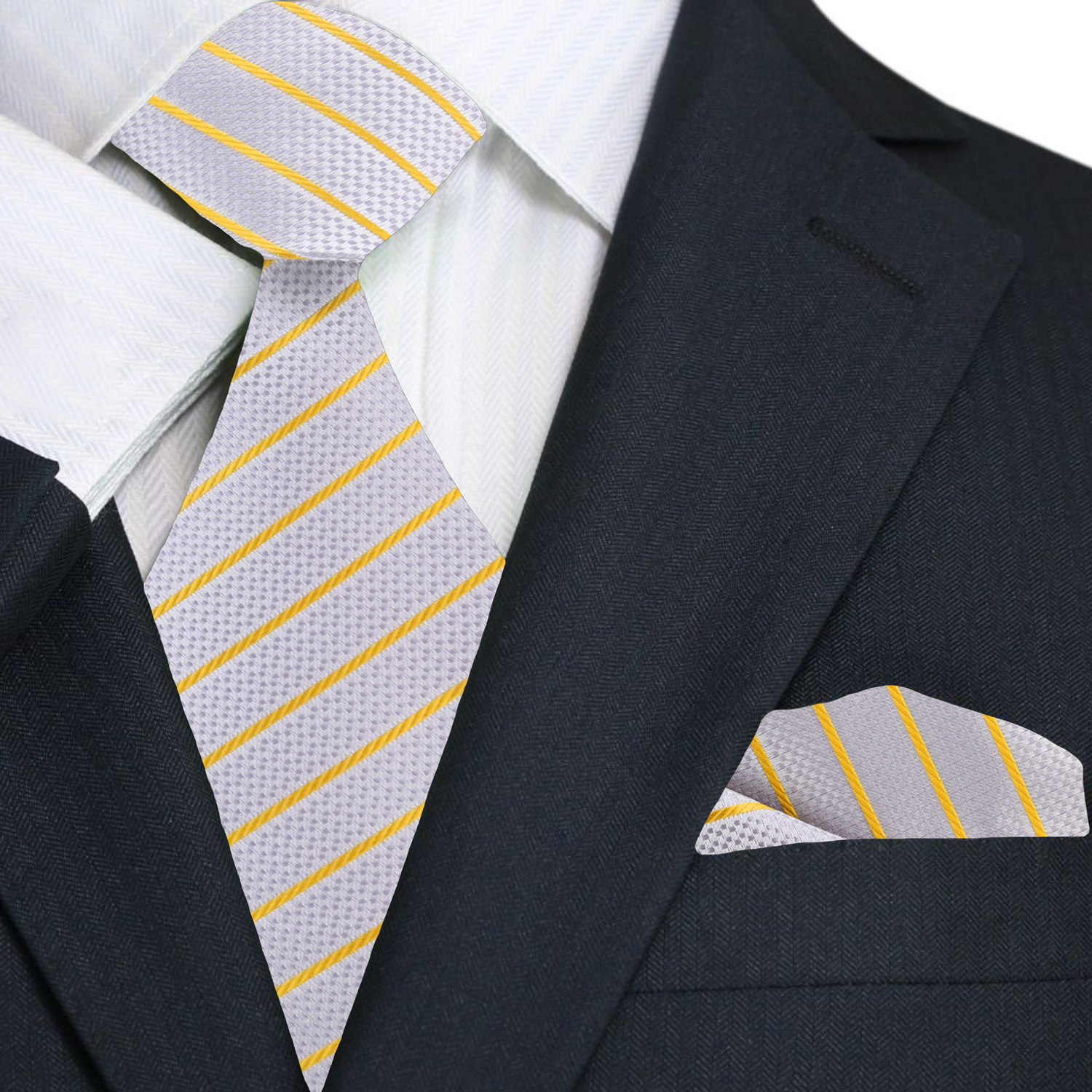 Gray suit with a white shirt, gray tie with yellow stripes, and matching pocket square.