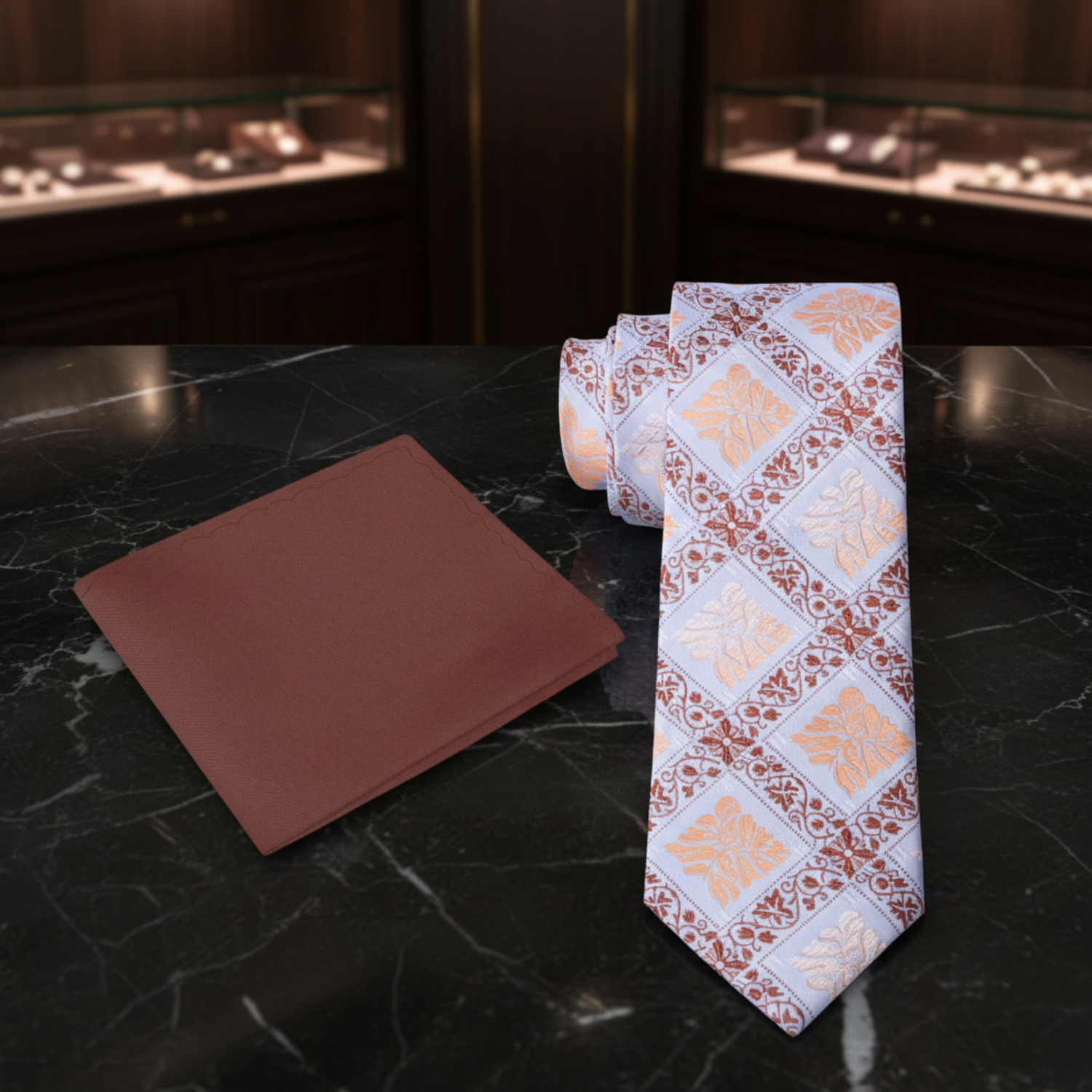 Alt View:  Light Blue and Brown Geometric/Floral Tie and Brown Pocket Square