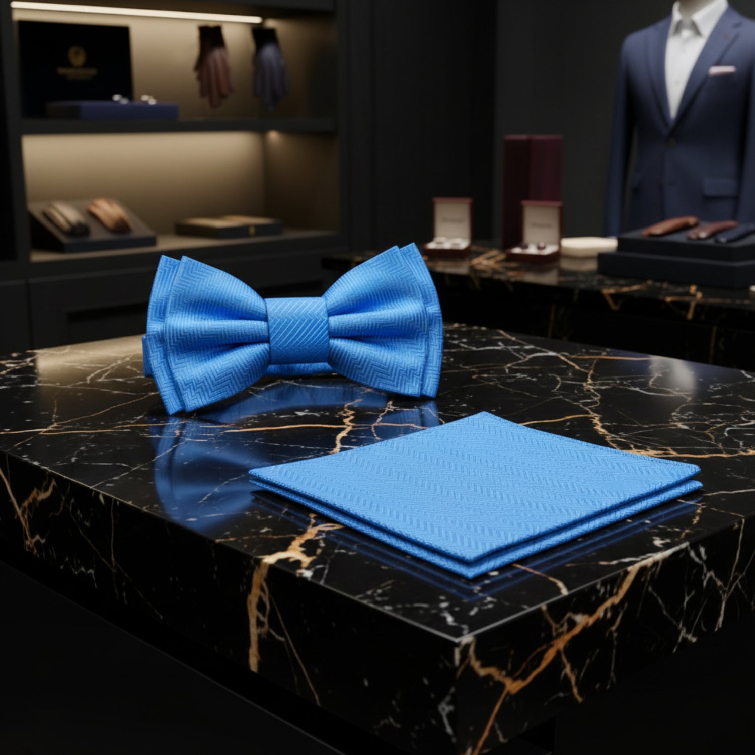 sky blue bow tie and square on marble