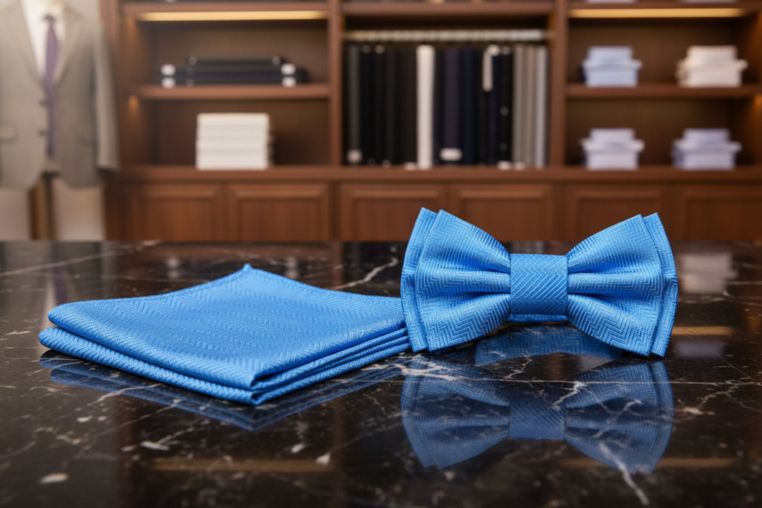 view 3 sky blue bow tie and square on marble