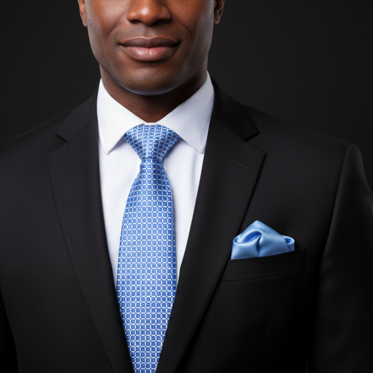 Man wearing a black suit with a blue tie and light blue pocket square on a dark background