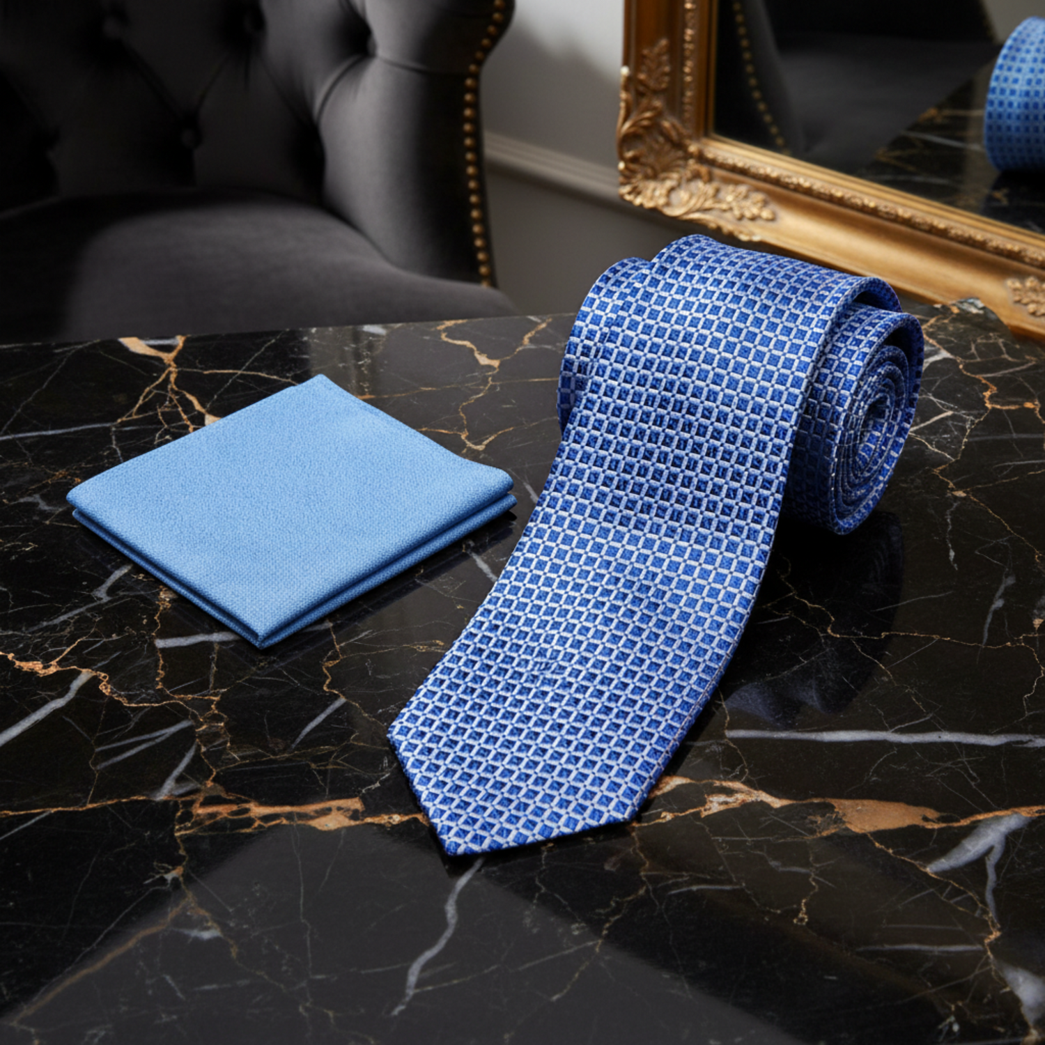 Blue geometric tie and pocket square with a geometric pattern
