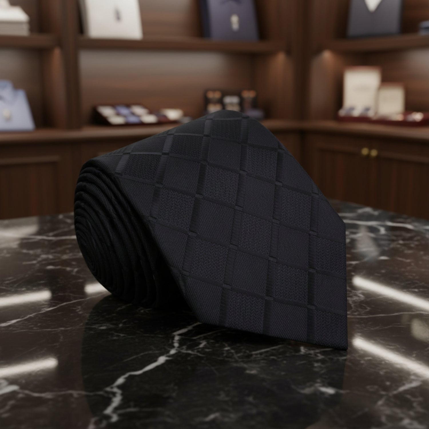 Black textured tie on a marble surface with shelves in the background