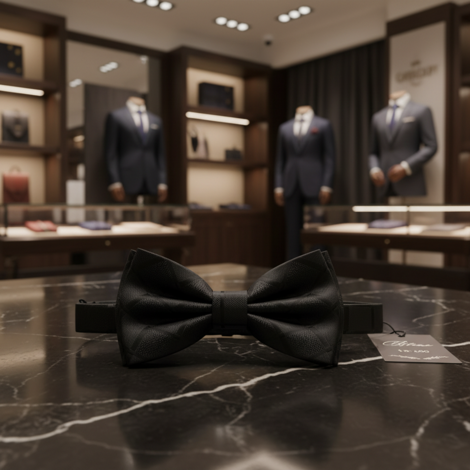Black bow tie on a dark marble surface