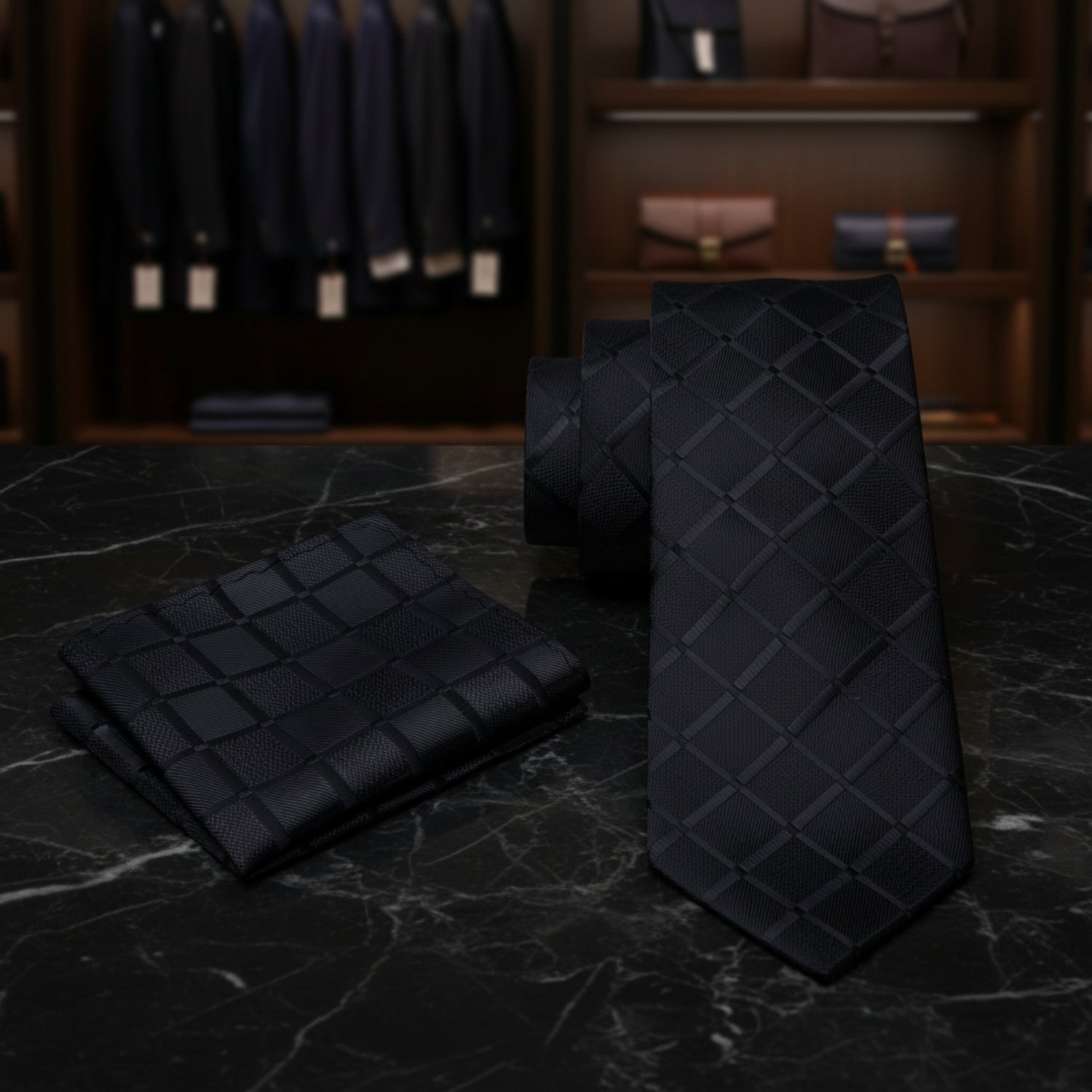 Black tie with red polka dots on a marble surface