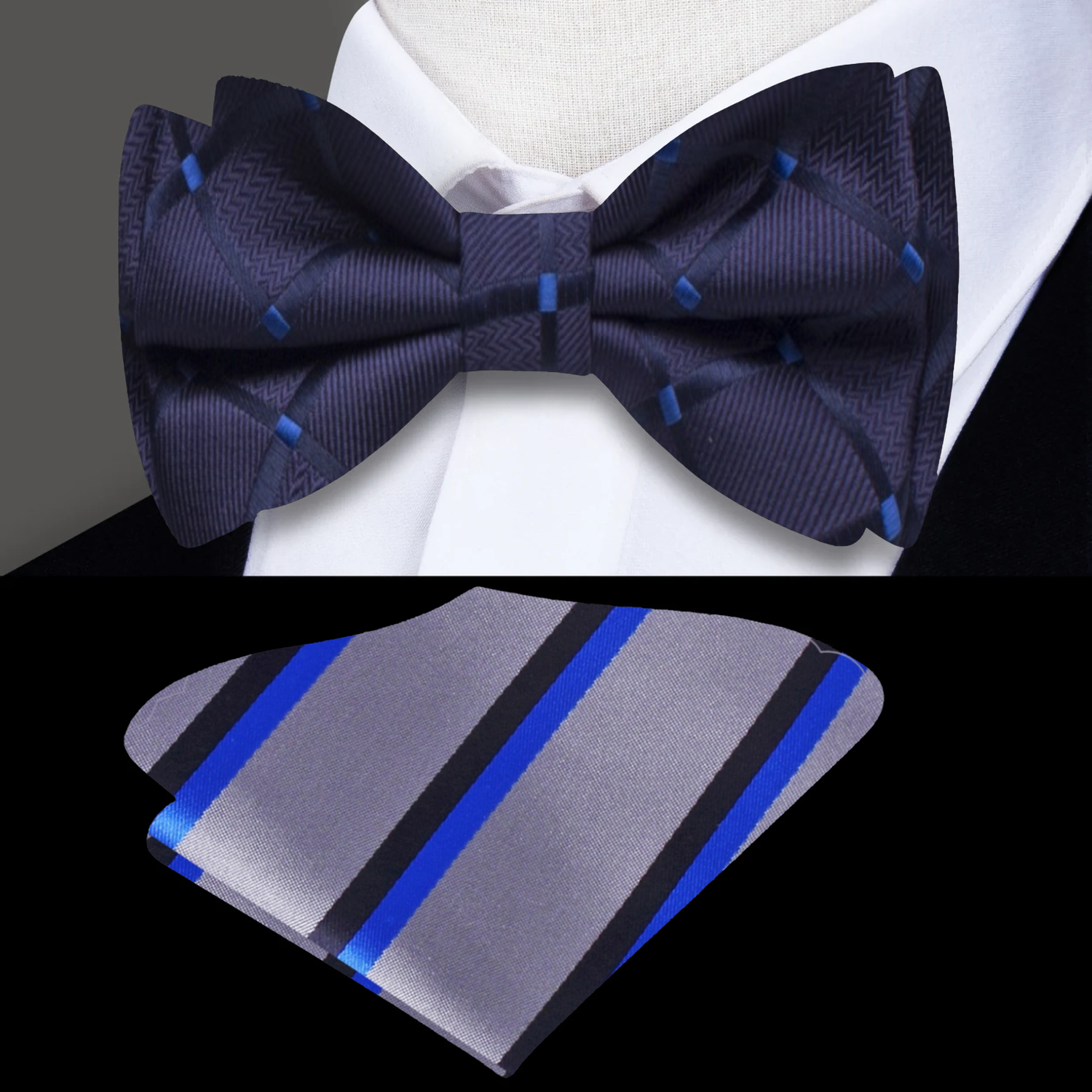 Deep Blue Geometric Texture Bow Tie and Square