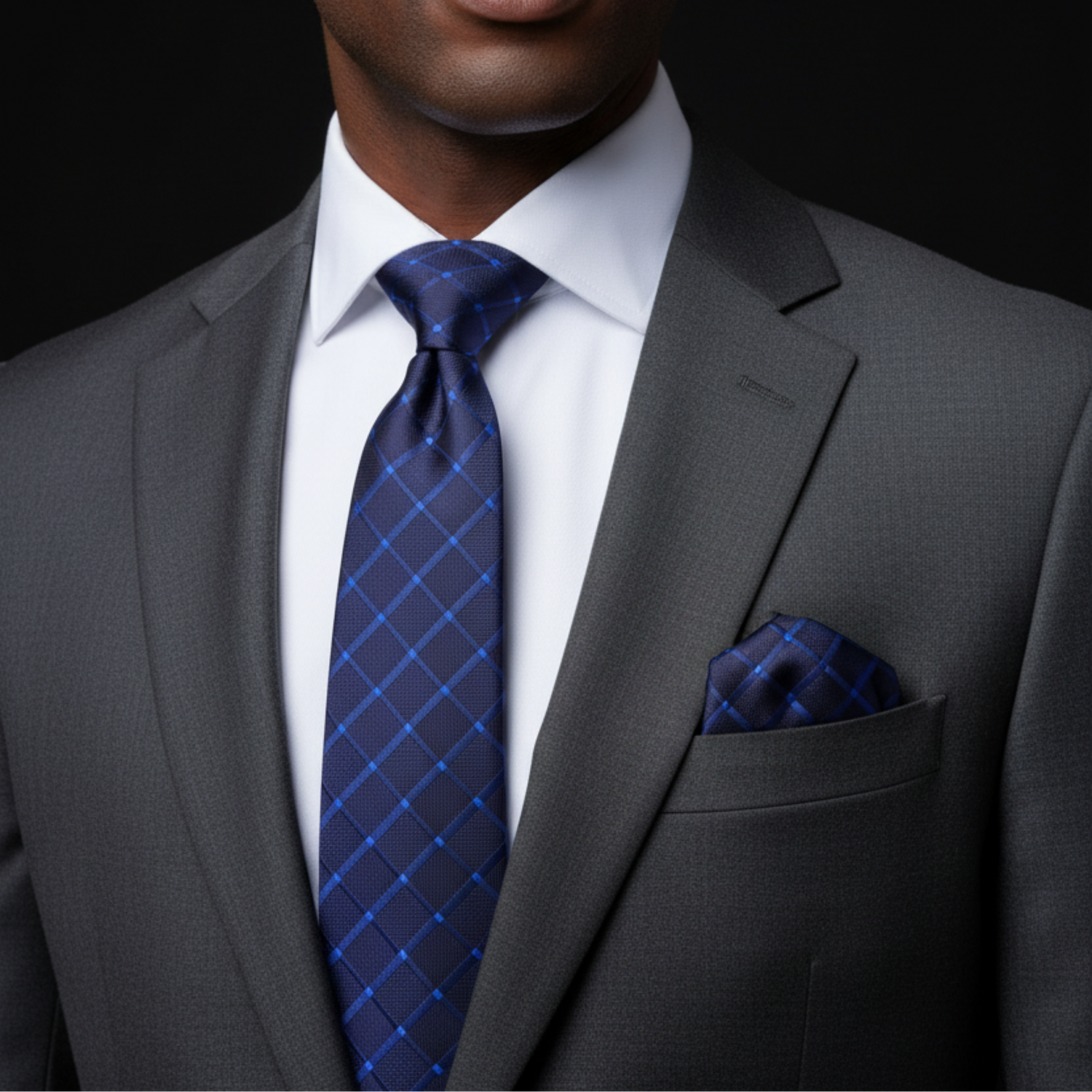 Man wearing a gray suit with a blue checkered tie and pocket square on a black background