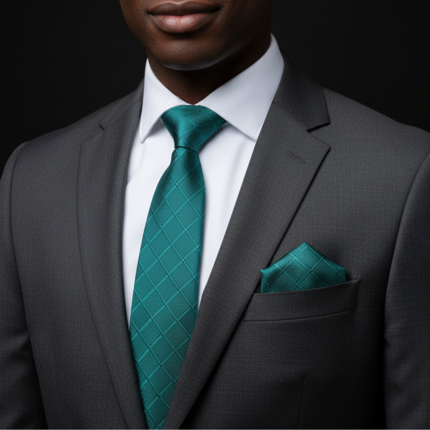 Man wearing a gray suit with a green tie and pocket square against a black background