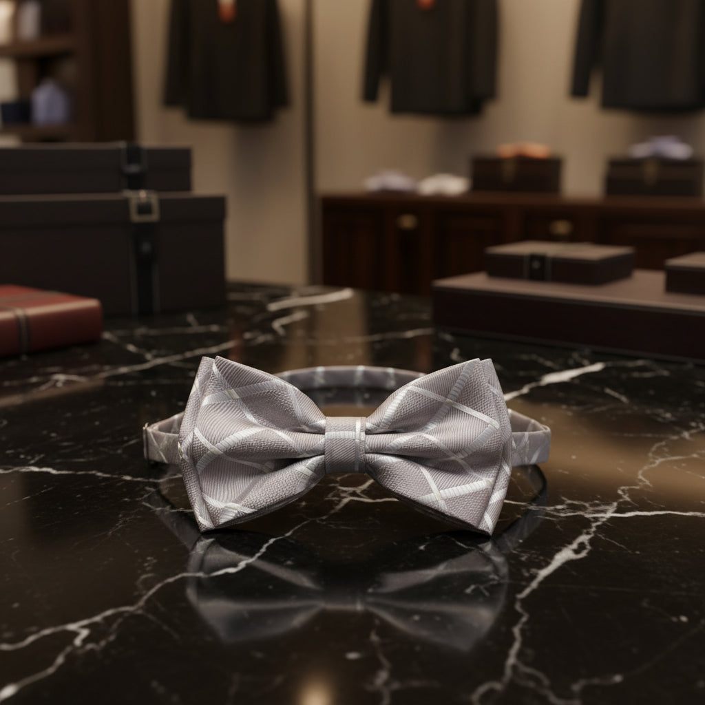 Boys Pearl Grey Windowpane Check Pre-Tied Bow Tie