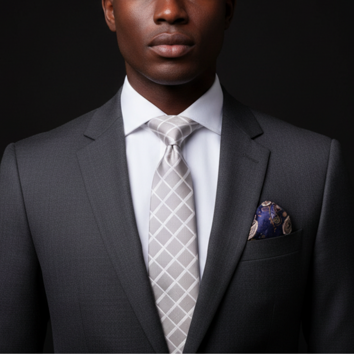 Man wearing a gray suit with a patterned tie and pocket square on a black background