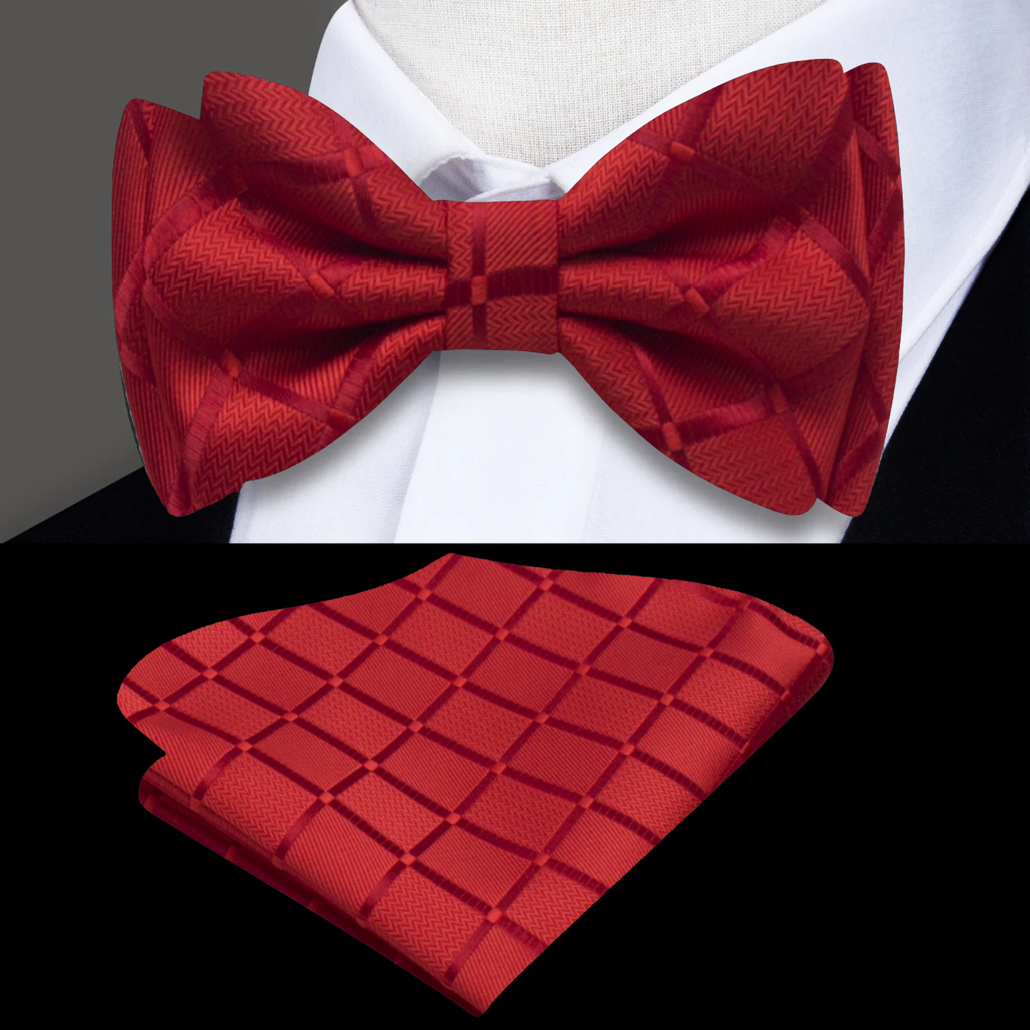 Solid Red with Geometric Texture Bow Tie and Square