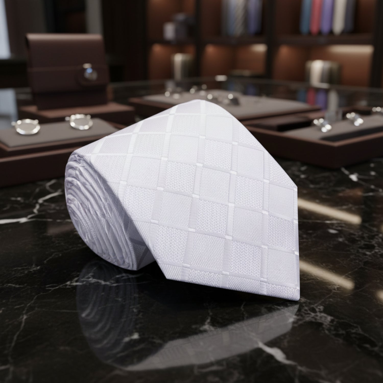 White patterned tie on a dark marble surface with a blurred background of a store setting.
