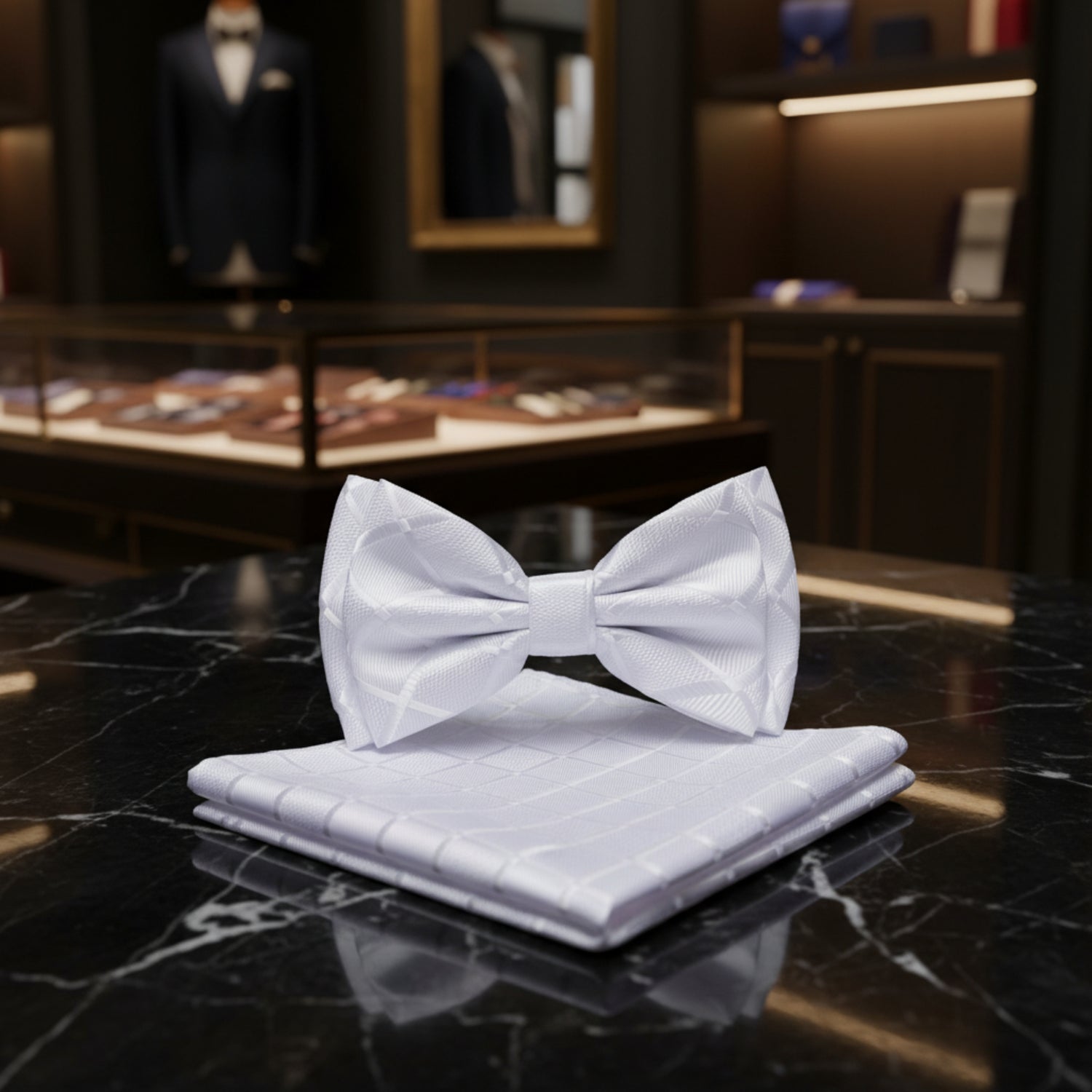 White bow tie and pocket square set on a white background
