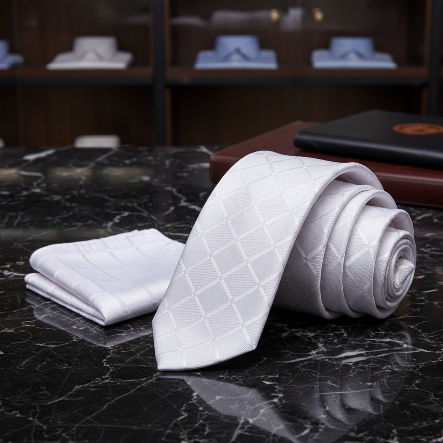 White quilted tie and pocket square on a dark marble surface
