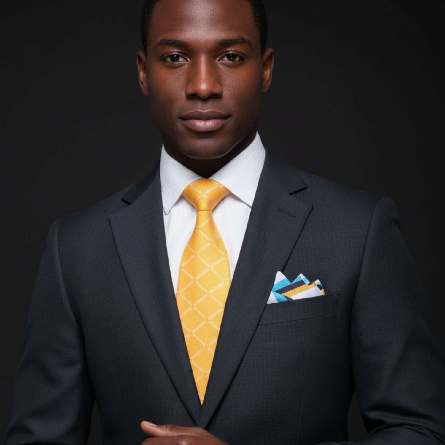 Man wearing a dark suit with a yellow tie and patterned pocket square on a black background