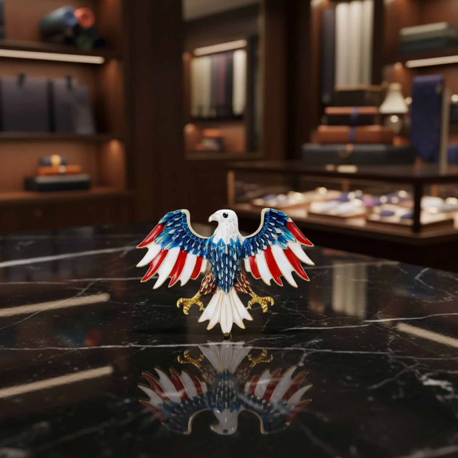 An eagle brooch with spread wings, featuring a white head and tail, red and white striped wings, a blue upper body, and brown and gold details on the legs and talons, set against a background. 