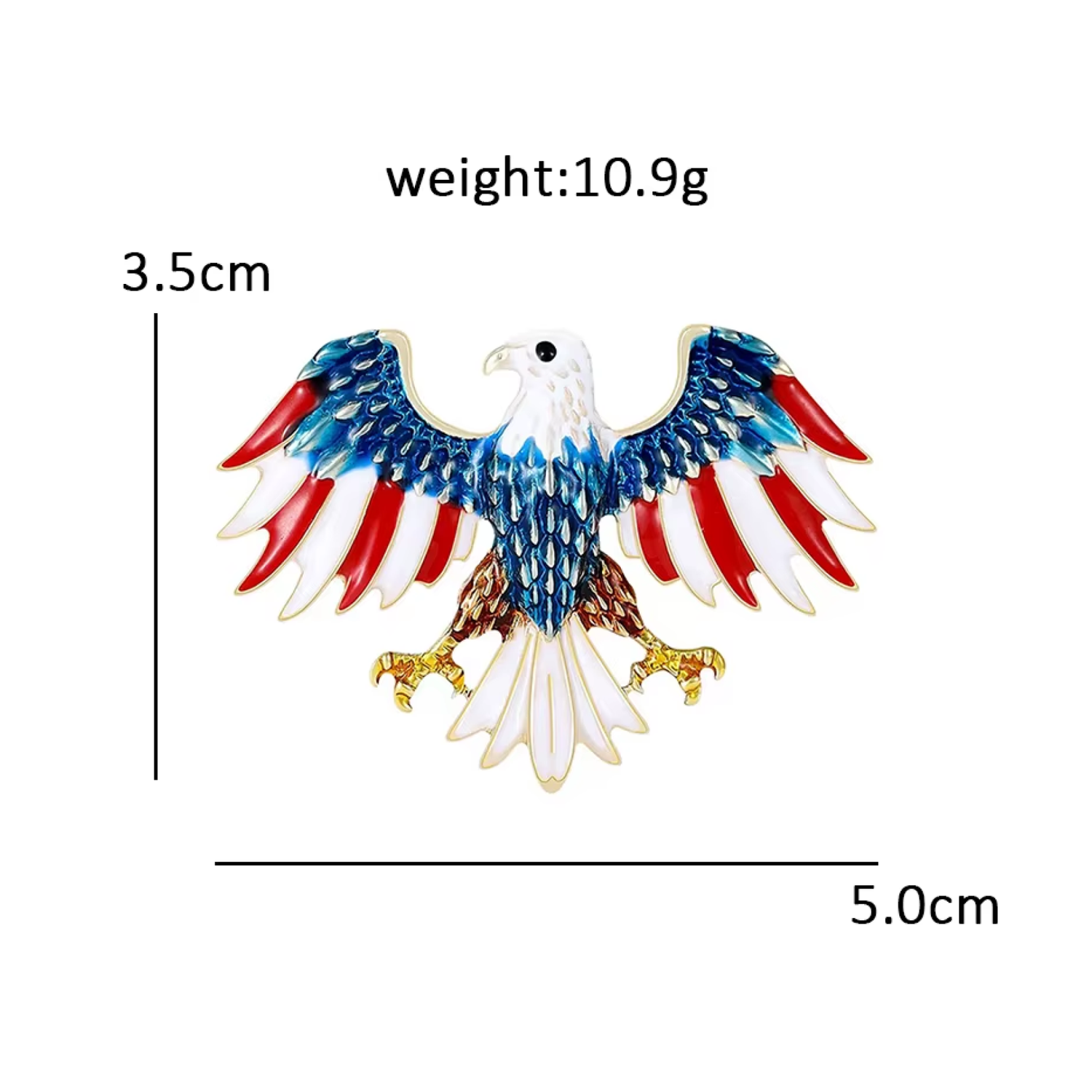 An eagle-shaped enamel pin with red, white, and blue wings and gold-toned claws, shown on a white background with dimension lines and text indicating 3.5 cm height, 5.