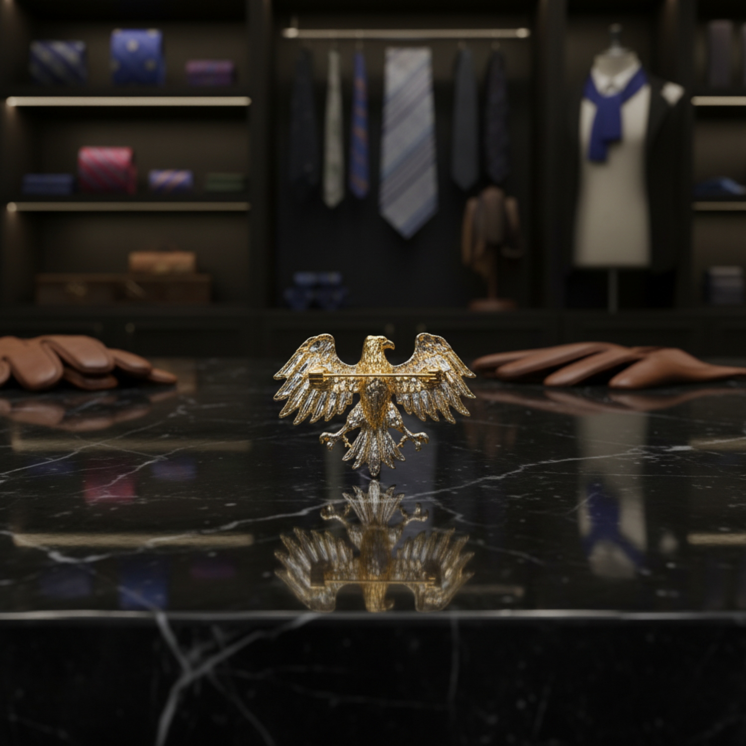 A small gold-toned double-headed eagle brooch or pin, centered on a background. 