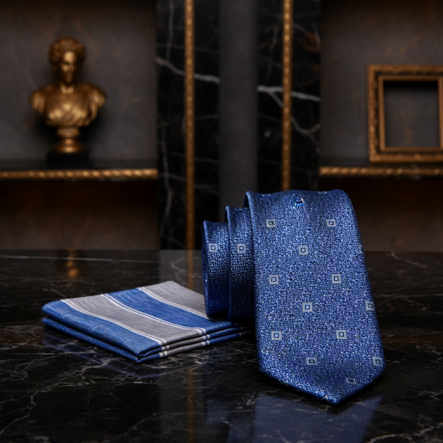 Blue Geometric Necktie and Accenting Grey, Blue Square