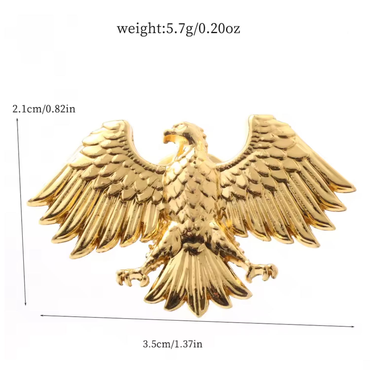 Gold eagle pendant with measurements on a white background