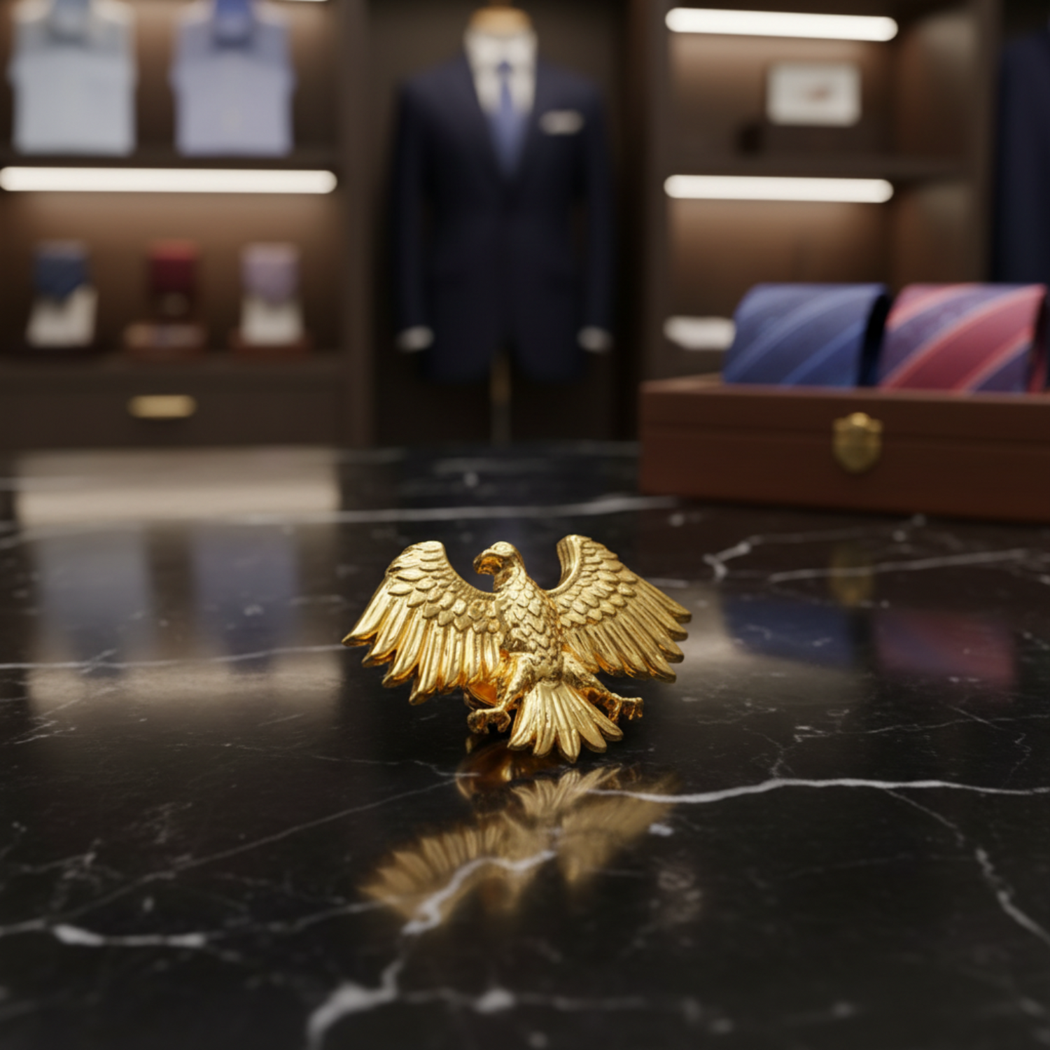 Gold eagle pendant on a white marble background