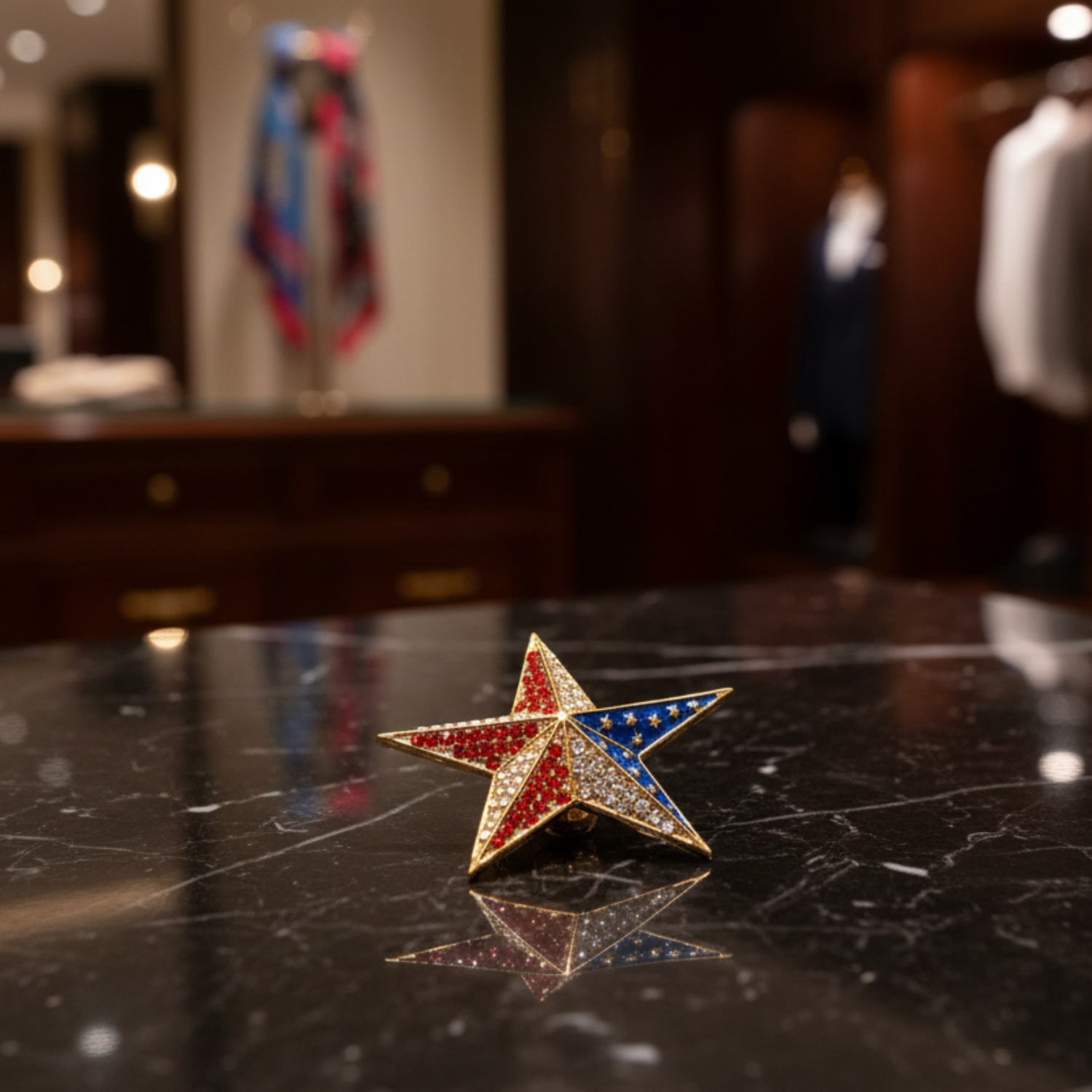 Star-shaped brooch with red, blue, and gold colors on a black background