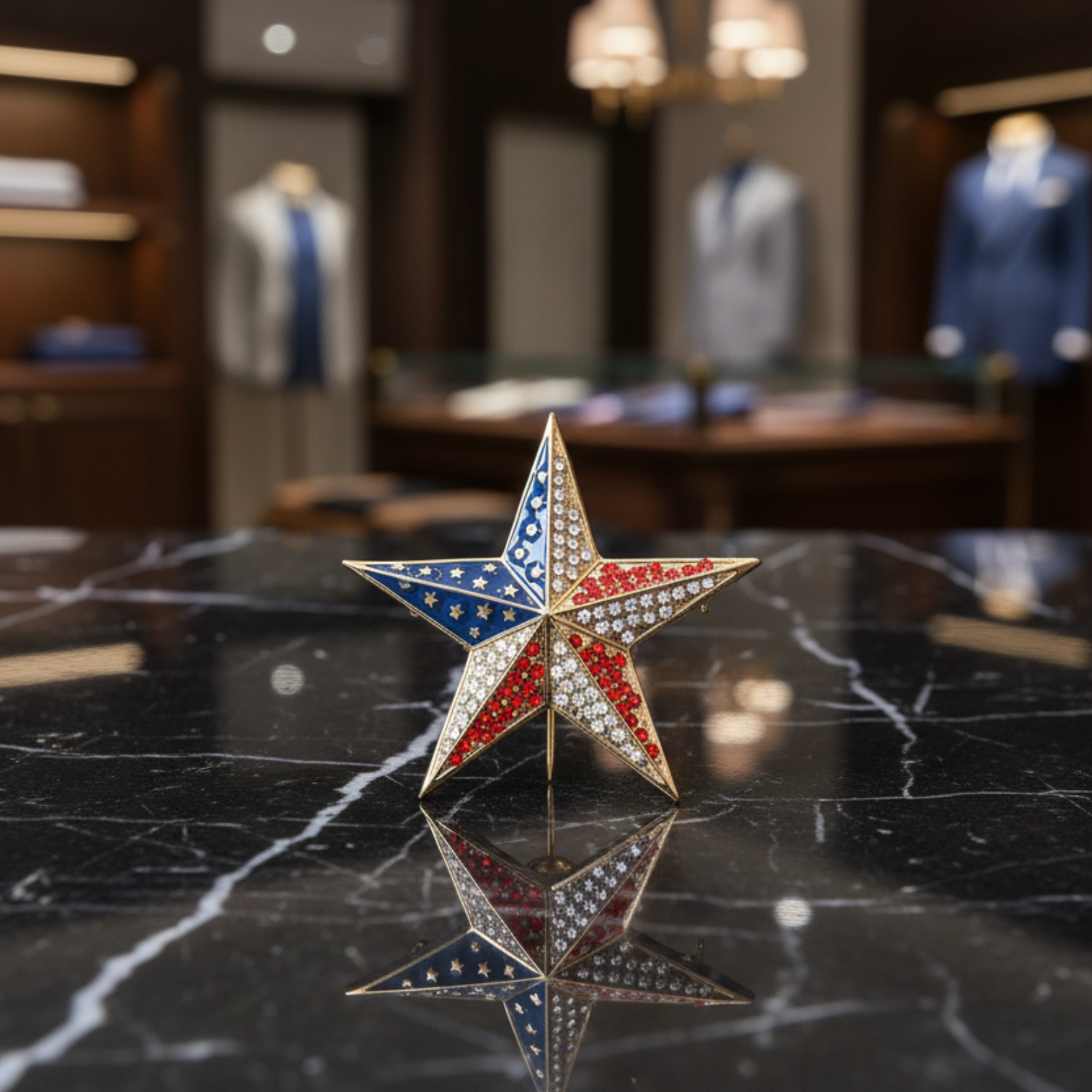 Star-shaped lapel pin with American flag design 