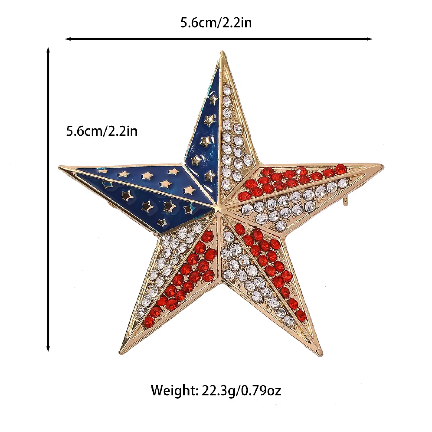 Star-shaped object with red, blue, and gold colors, featuring measurements and weight on a white background.