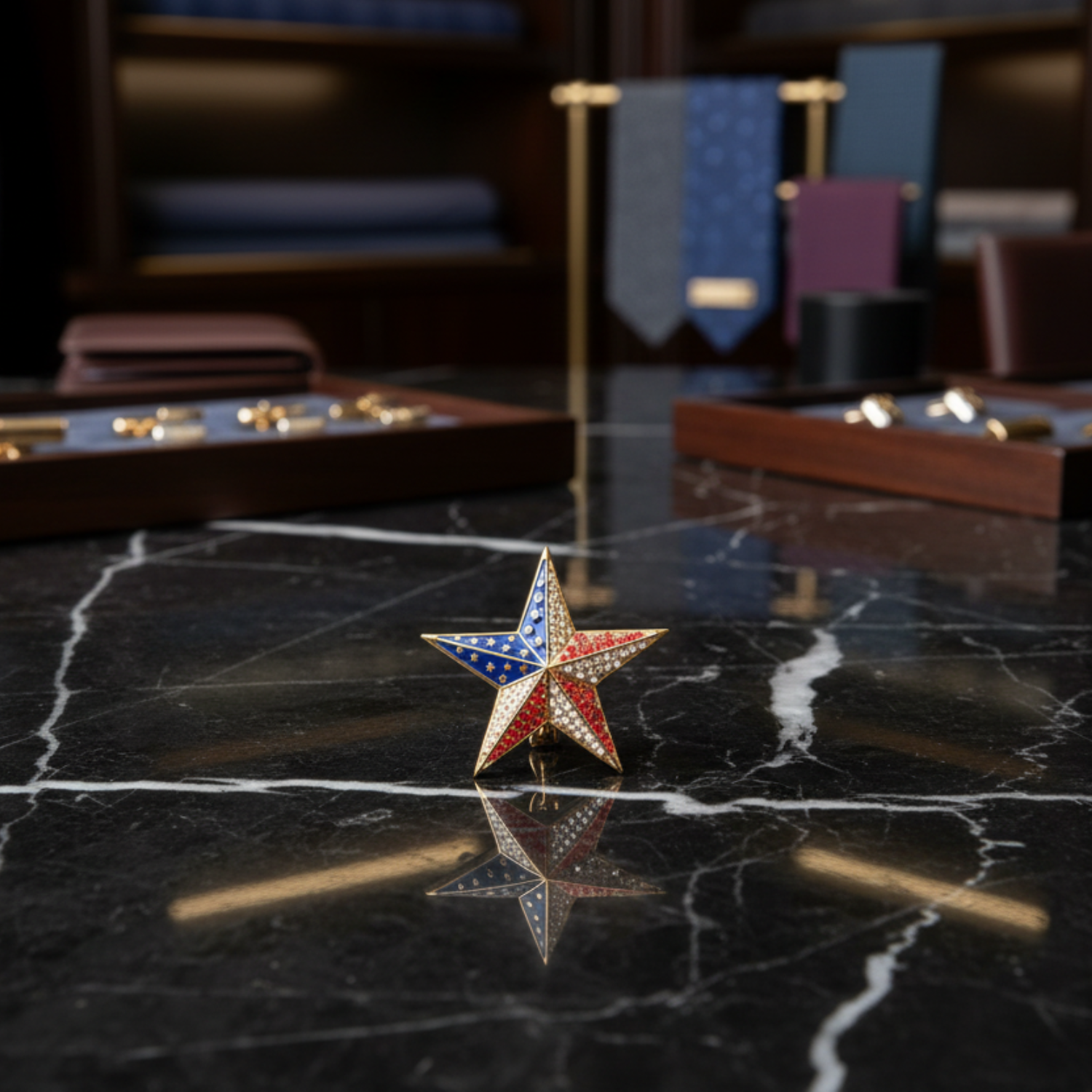 Star-shaped premium lapel pin with red, blue, and gold colors 