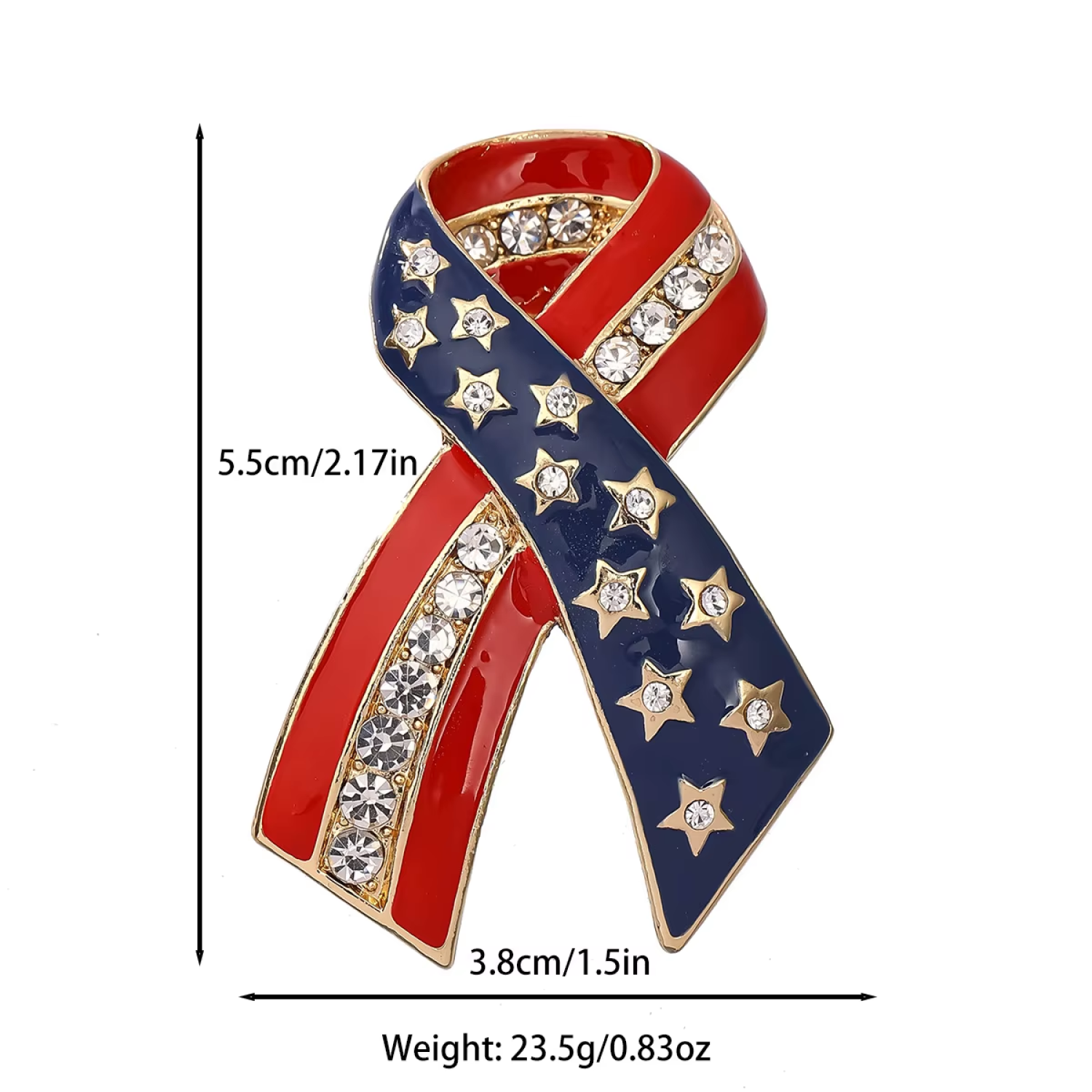 American flag ribbon pin with measurements and weight on a white background