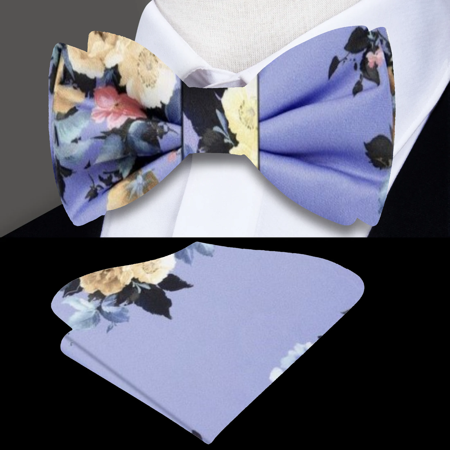 Main: A Indigo, Blue, And Yellow Floral Pattern Silk Self Tie Bow Tie With Matching Pocket Square||Indigo