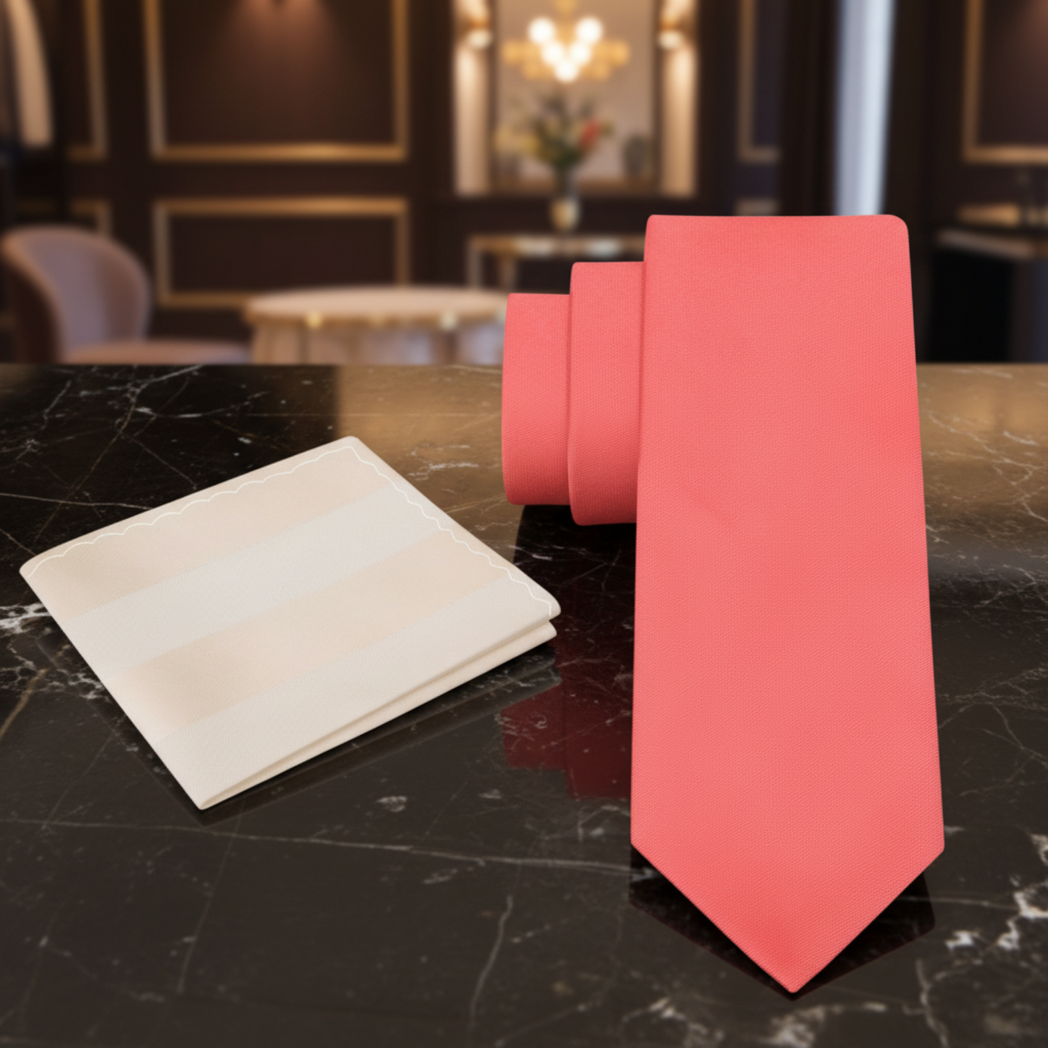 Alt view: Solid Coral Necktie with Golden Pearl Stripe Pocket Square
