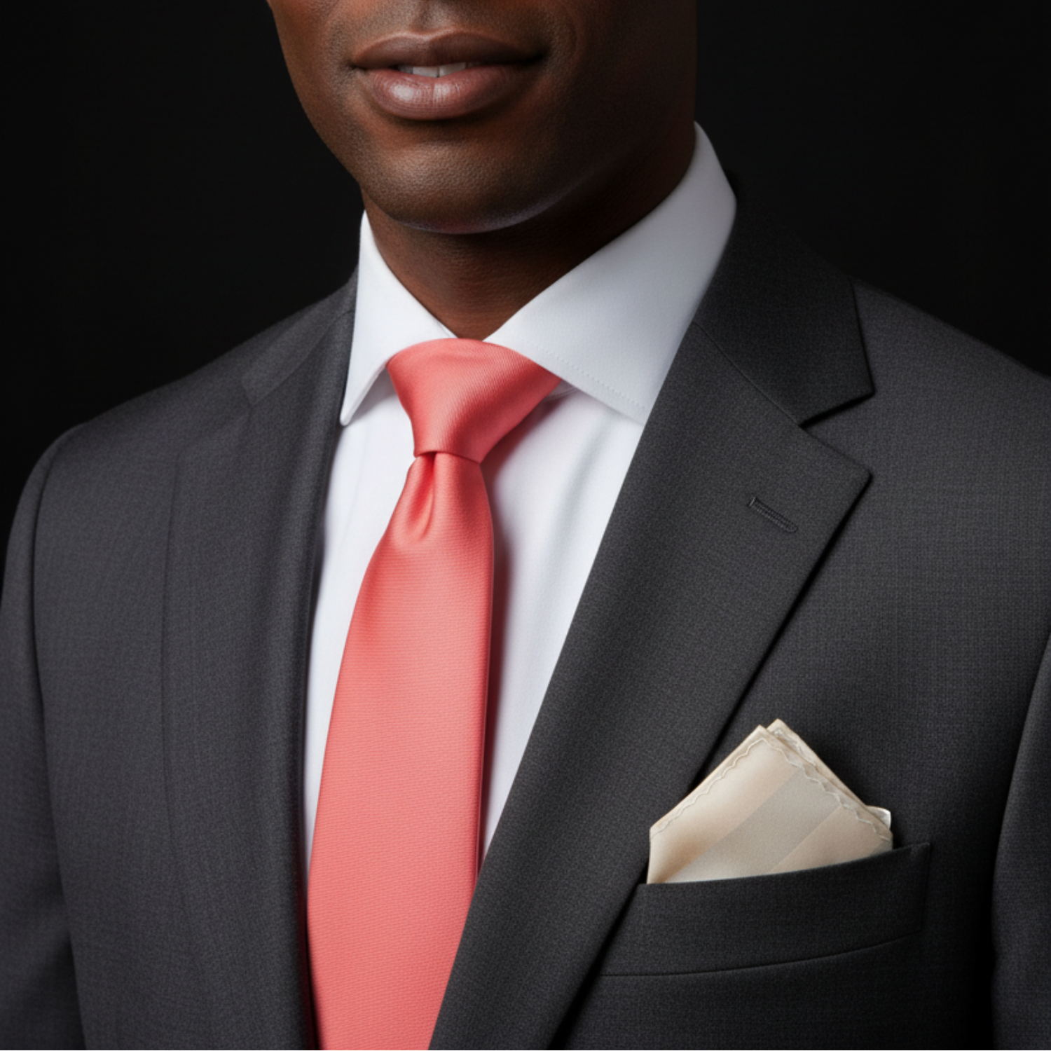 Man wearing a gray suit with a pink tie and white shirt against a black background