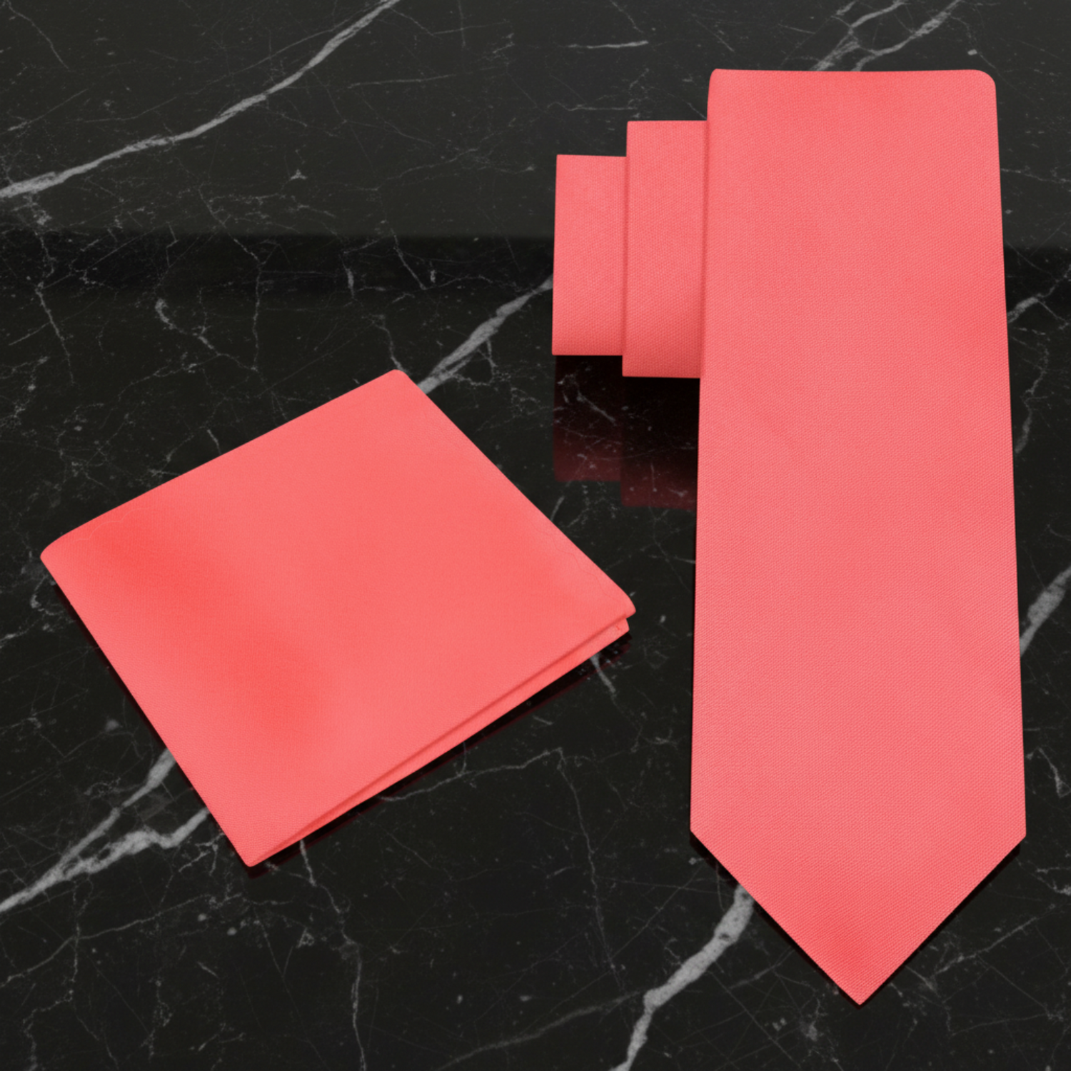 Alt View: Solid Coral Necktie with Pocket Square