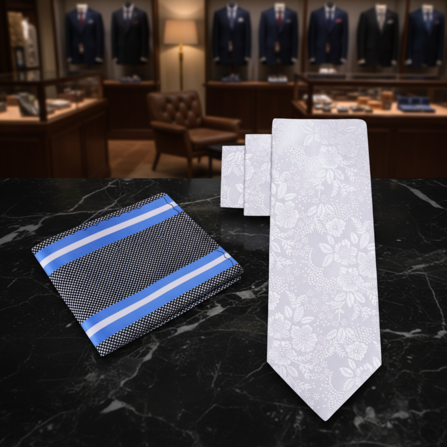 White Floral Tie and Accenting Stripe Square